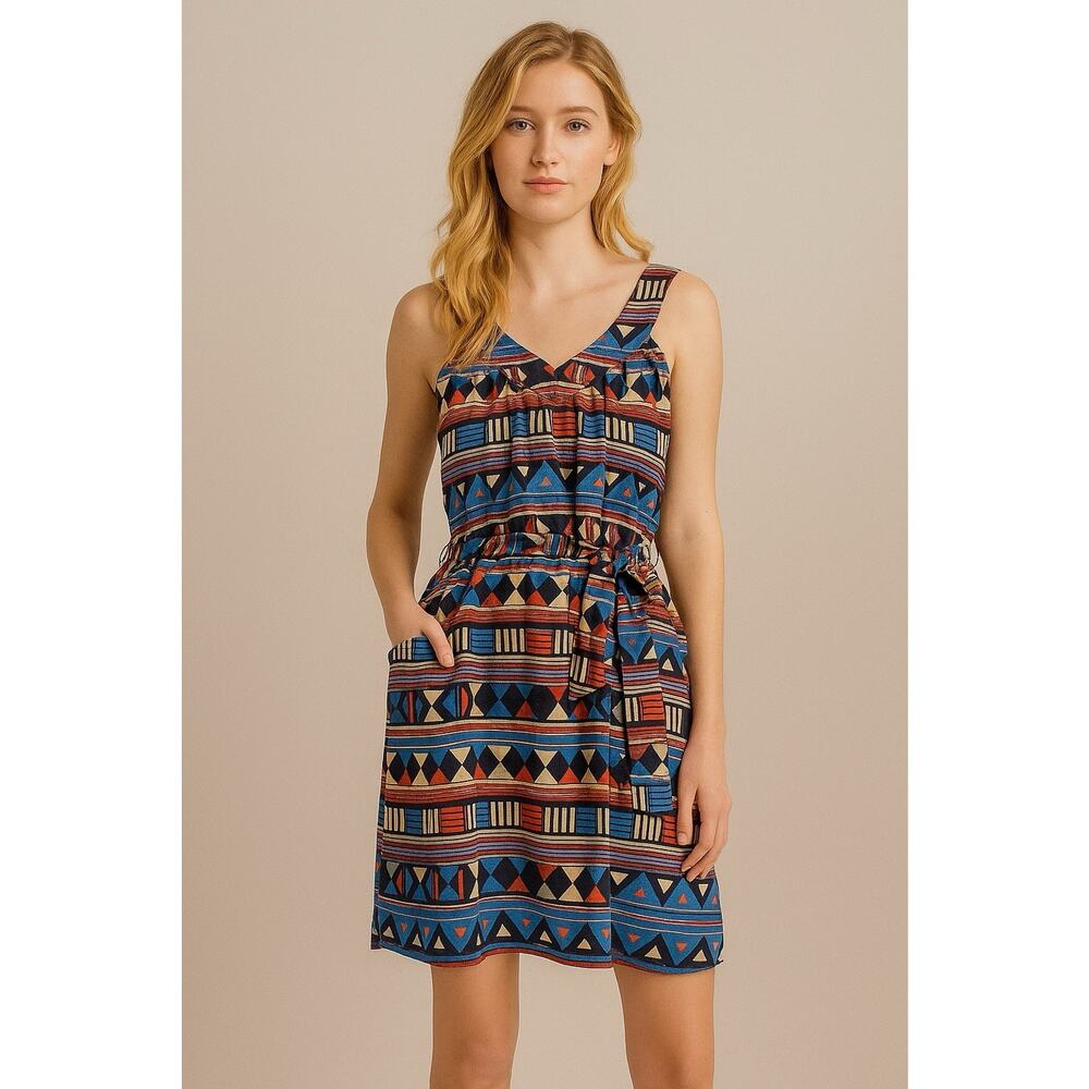 Marc by Marc Jacobs Silk Dress Size Small Aztec Print V Neck Waist Tie Y2K Retro